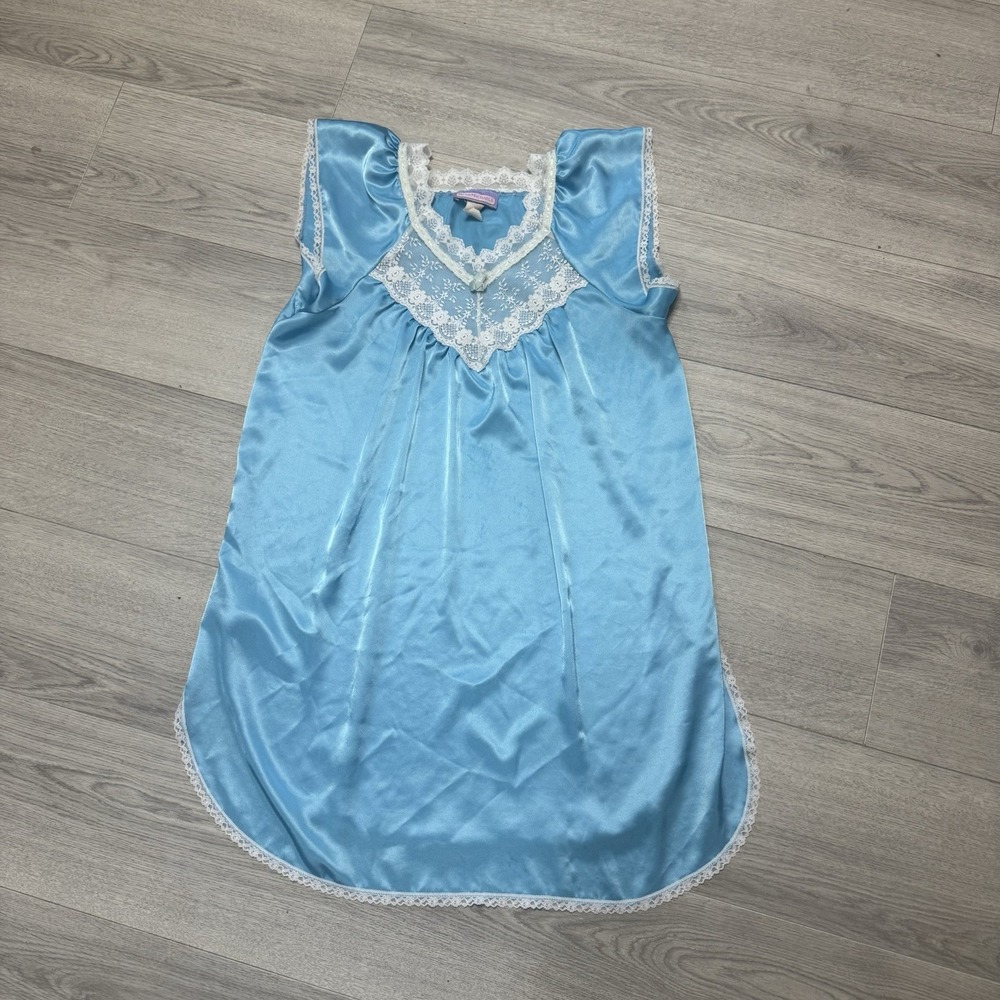 Vintage 80s Beth Michaels Blue Satin Nightgown V-neck Lacy Trim Coquette Sz LG